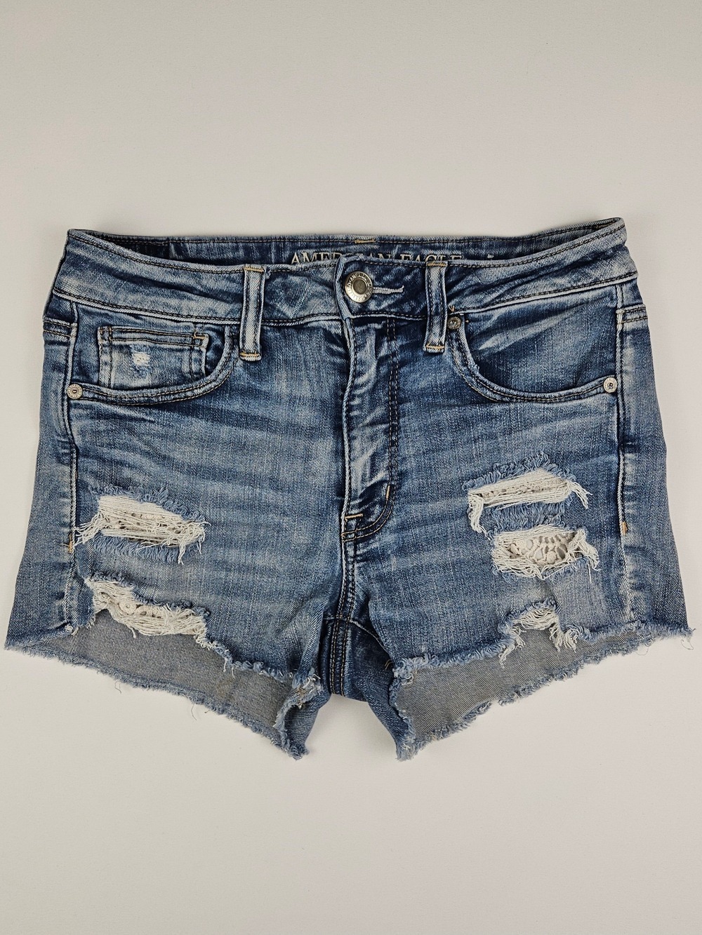 American Eagle Hi-Rise Shortie Cut Off Shorts Lace Distressed Next Level Stretch